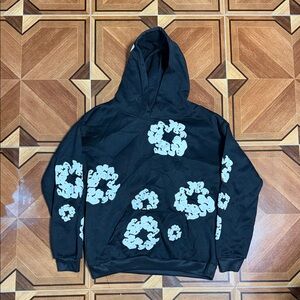 Black Hoodie with White Floral Design NEW